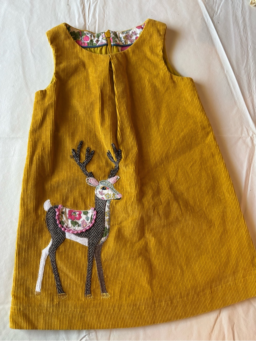 Mini Boden age 2-3 years Corduroy Mustard Yellow Pinafore Dress Deer appliqué